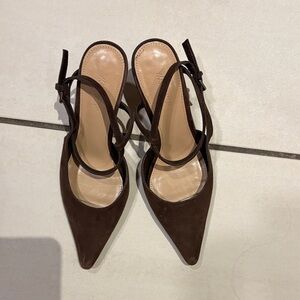 H&M Dark Brown genuine leather Suede Pointed Slingback Heels